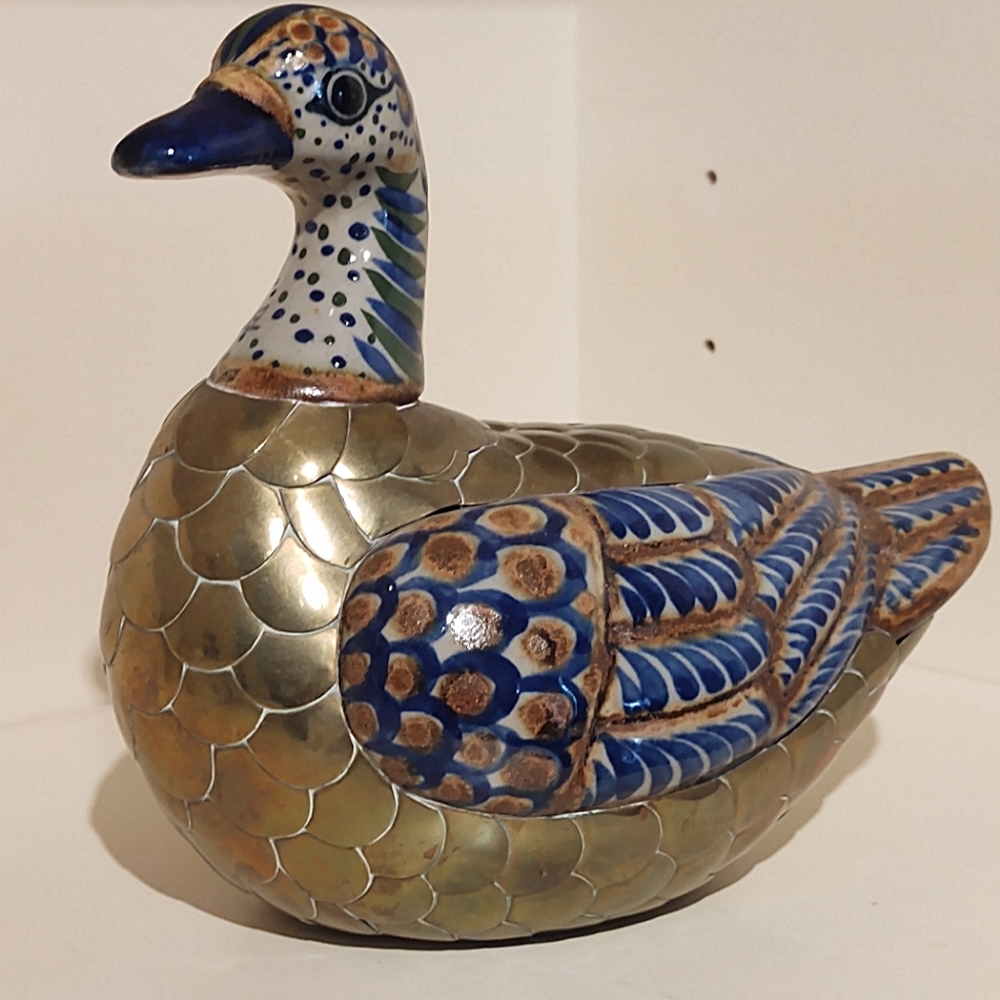 Vintage 70s Mexican Folk Art Large Tonala Brass and Pottery Duck |